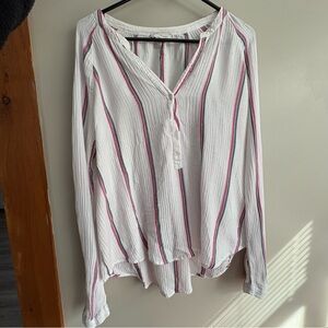 Lucky Brand Long Sleeve Popover Top Womens Large White Pink Stripe Henley